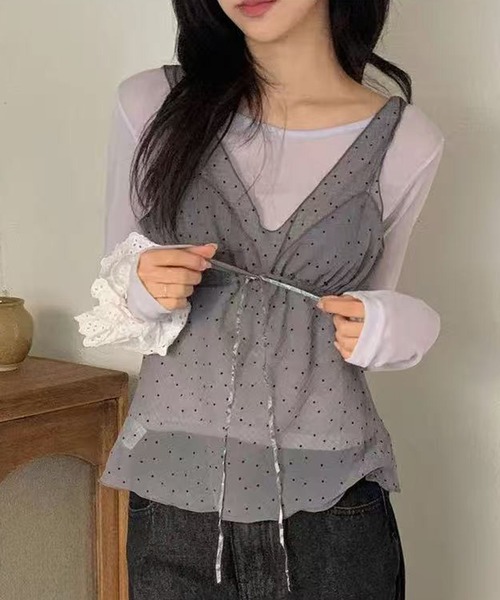 LAFFMO(ラフモ)の「ドット柄シアービスチェ(キャミソール・レディース・ホワイト/グレー/ブラック・F)」の3枚目の写真