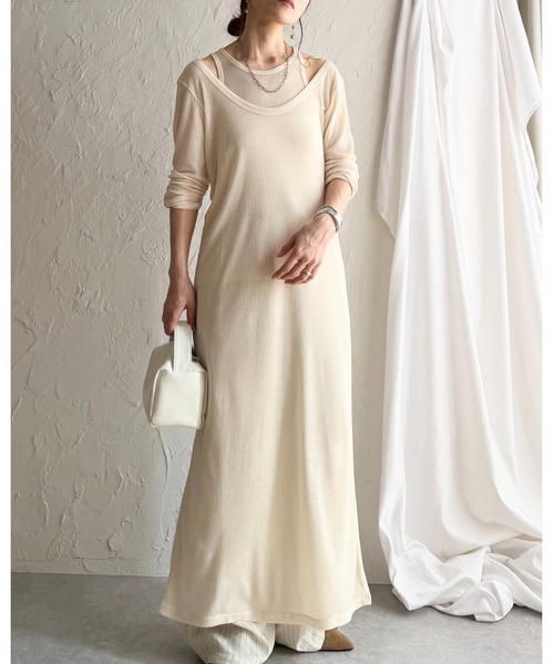 She's Closet(シーズクローゼット)の「オープンショルダー 肩あき 長袖 タンクトップレイヤード ロング丈 シアーワンピース(ワンピース・レディース・ブラック/アイボリー/グレイッシュブルー/杢グレー・FREE)」の13枚目の写真