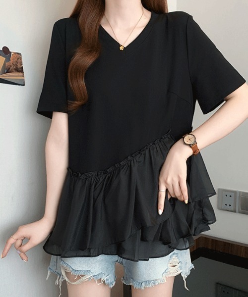 LUCPY(ラクピー)の「シアー切替フリルVネックトップス(その他トップス・レディース・ブラック/ホワイト・XX-LARGE/X-LARGE/LARGE/MEDIUM)」の2枚目の写真