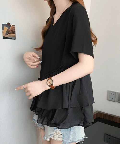 LUCPY(ラクピー)の「シアー切替フリルVネックトップス(その他トップス・レディース・ブラック/ホワイト・XX-LARGE/X-LARGE/LARGE/MEDIUM)」の4枚目の写真