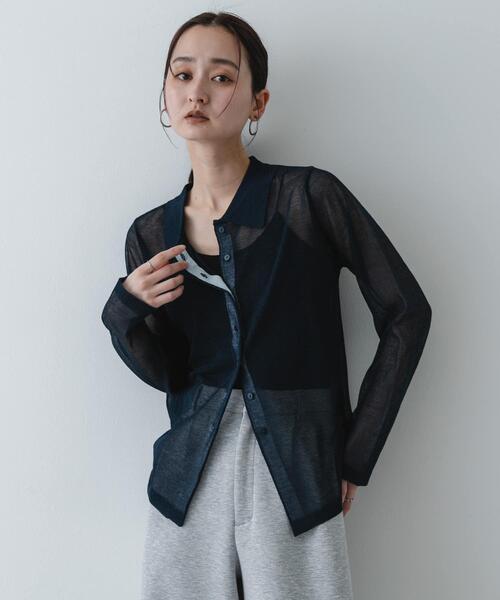 SENSE OF PLACE by URBAN RESEARCH（センスオブプレイスバイアーバンリサーチ）の「『洗濯可/接触冷感』シアーニットシャツカーディガン（ニット/セーター・レディース・ネイビー/アイボリー/ブラウン・ONE）」の16枚目の写真