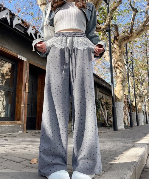 Miniministore(ミニミニストア)の「レース切り替えドット柄 ワイドパンツ美脚(その他パンツ・レディース・ブラック/グレー・3XL/M/XL/L/2XL)」の2枚目の写真
