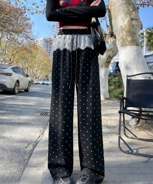 Miniministore(ミニミニストア)の「レース切り替えドット柄 ワイドパンツ美脚(その他パンツ・レディース・ブラック/グレー・3XL/M/XL/L/2XL)」の1枚目の写真