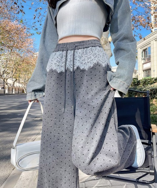 Miniministore(ミニミニストア)の「レース切り替えドット柄 ワイドパンツ美脚(その他パンツ・レディース・ブラック/グレー・3XL/M/XL/L/2XL)」の12枚目の写真