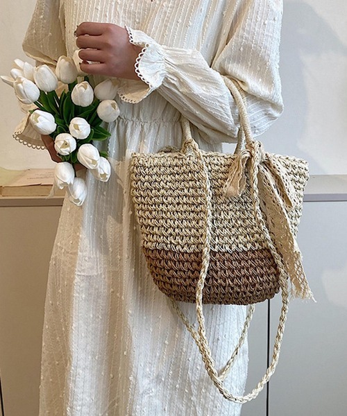 VIBGYOR(ヴィブジョー)の「Mignonjour/レースリボン付きナチュラルカゴバッグ M2935(かごバッグ・レディース・その他1/ベージュ/ブラウン・FREE)」の2枚目の写真