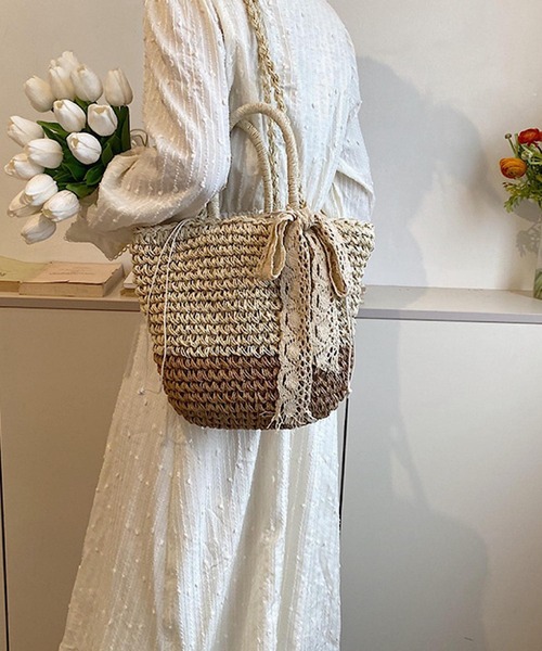 VIBGYOR(ヴィブジョー)の「Mignonjour/レースリボン付きナチュラルカゴバッグ M2935(かごバッグ・レディース・その他1/ベージュ/ブラウン・FREE)」の8枚目の写真