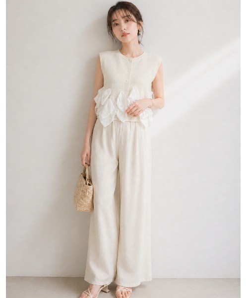 Lateru（ラテル）の「ヘムオーガンジーリボンノースリーブニット＋　美シルエットニットパンツ（セットアップ・レディース・ブラック/グレー/ストライプ/アイボリー・FREE）」の3枚目の写真