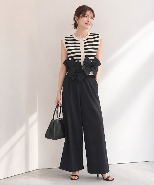 Lateru（ラテル）の「ヘムオーガンジーリボンノースリーブニット＋　美シルエットニットパンツ（セットアップ・レディース・ブラック/グレー/ストライプ/アイボリー・FREE）」の6枚目の写真