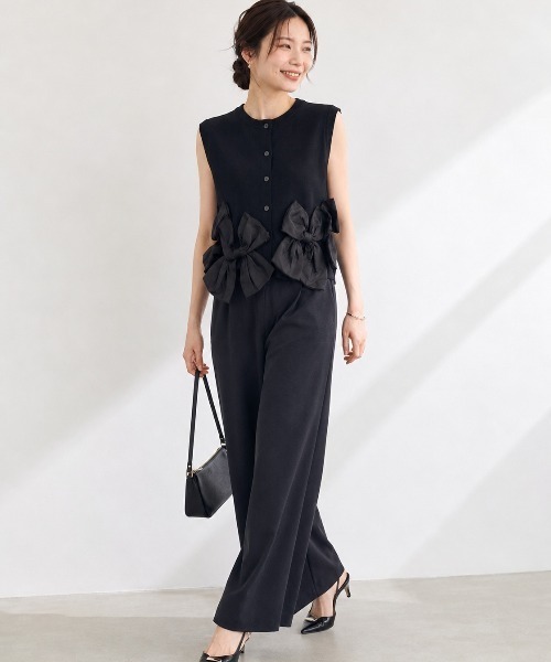 Lateru（ラテル）の「ヘムオーガンジーリボンノースリーブニット＋　美シルエットニットパンツ（セットアップ・レディース・ブラック/グレー/ストライプ/アイボリー・FREE）」の7枚目の写真
