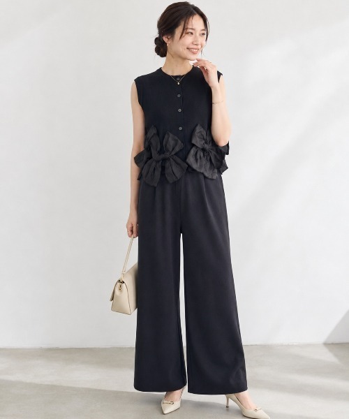 Lateru（ラテル）の「ヘムオーガンジーリボンノースリーブニット＋　美シルエットニットパンツ（セットアップ・レディース・ブラック/グレー/ストライプ/アイボリー・FREE）」の9枚目の写真