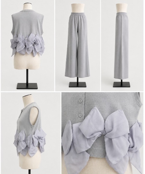Lateru（ラテル）の「ヘムオーガンジーリボンノースリーブニット＋　美シルエットニットパンツ（セットアップ・レディース・ブラック/グレー/ストライプ/アイボリー・FREE）」の16枚目の写真