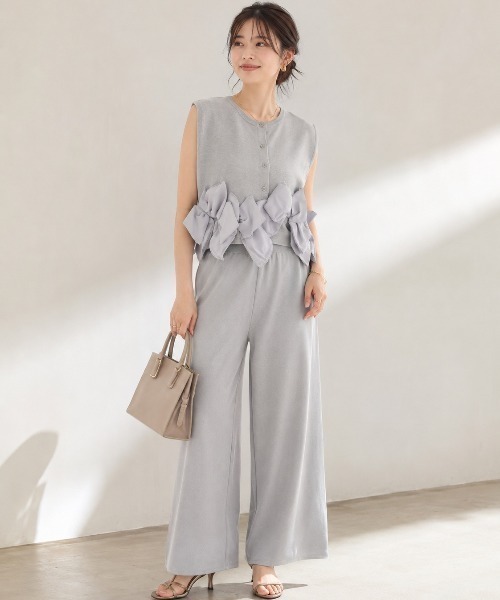 Lateru（ラテル）の「ヘムオーガンジーリボンノースリーブニット＋　美シルエットニットパンツ（セットアップ・レディース・ブラック/グレー/ストライプ/アイボリー・FREE）」の10枚目の写真