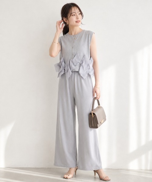 Lateru（ラテル）の「ヘムオーガンジーリボンノースリーブニット＋　美シルエットニットパンツ（セットアップ・レディース・ブラック/グレー/ストライプ/アイボリー・FREE）」の11枚目の写真