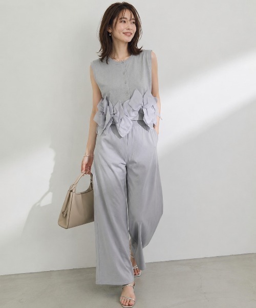 Lateru（ラテル）の「ヘムオーガンジーリボンノースリーブニット＋　美シルエットニットパンツ（セットアップ・レディース・ブラック/グレー/ストライプ/アイボリー・FREE）」の12枚目の写真