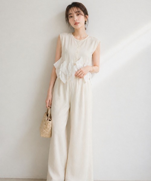 Lateru（ラテル）の「ヘムオーガンジーリボンノースリーブニット＋　美シルエットニットパンツ（セットアップ・レディース・ブラック/グレー/ストライプ/アイボリー・FREE）」の14枚目の写真