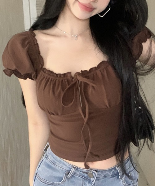 GLAMOROUS JANE（グラマラスジェーン）の「リボンギャザーオフショルショート丈トップス（Tシャツ/カットソー・レディース・ネイビー/ブラウン・FREE）」の2枚目の写真