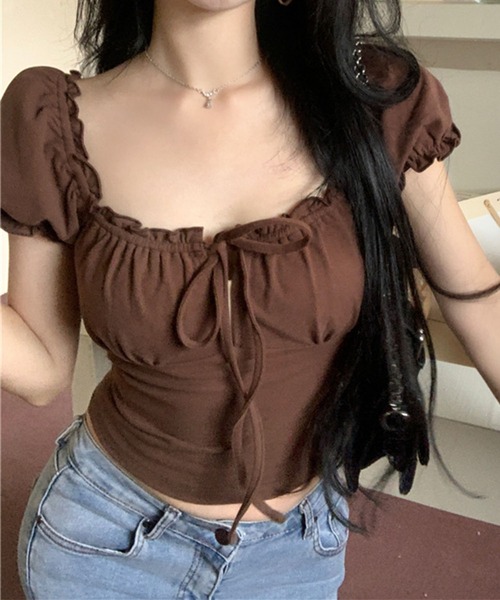 GLAMOROUS JANE（グラマラスジェーン）の「リボンギャザーオフショルショート丈トップス（Tシャツ/カットソー・レディース・ネイビー/ブラウン・FREE）」の21枚目の写真