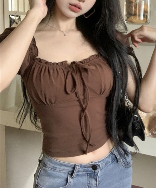 GLAMOROUS JANE（グラマラスジェーン）の「リボンギャザーオフショルショート丈トップス（Tシャツ/カットソー・レディース・ネイビー/ブラウン・FREE）」の20枚目の写真