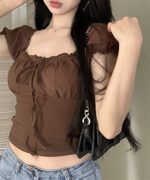 GLAMOROUS JANE（グラマラスジェーン）の「リボンギャザーオフショルショート丈トップス（Tシャツ/カットソー・レディース・ネイビー/ブラウン・FREE）」の18枚目の写真
