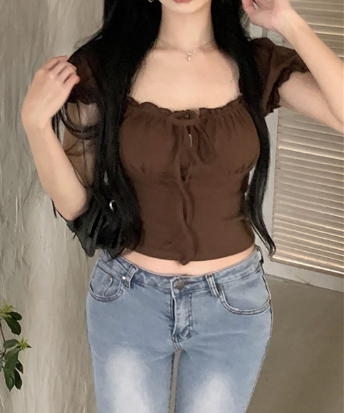 GLAMOROUS JANE（グラマラスジェーン）の「リボンギャザーオフショルショート丈トップス（Tシャツ/カットソー・レディース・ネイビー/ブラウン・FREE）」の17枚目の写真