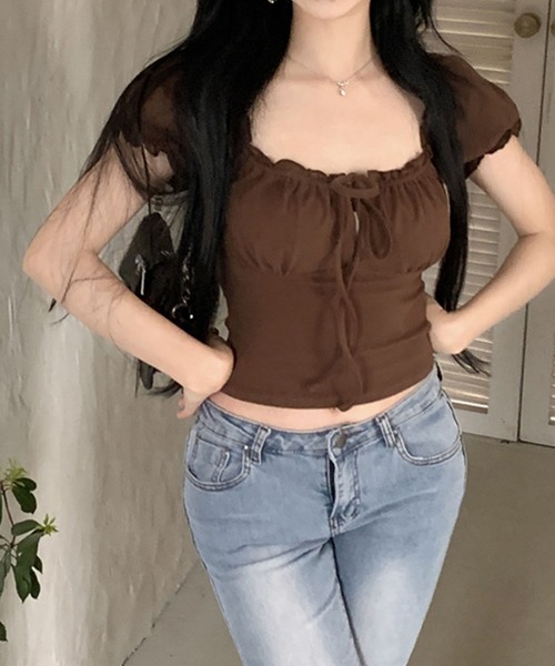 GLAMOROUS JANE（グラマラスジェーン）の「リボンギャザーオフショルショート丈トップス（Tシャツ/カットソー・レディース・ネイビー/ブラウン・FREE）」の16枚目の写真