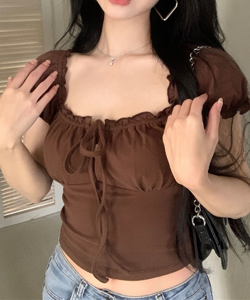 GLAMOROUS JANE（グラマラスジェーン）の「リボンギャザーオフショルショート丈トップス（Tシャツ/カットソー・レディース・ネイビー/ブラウン・FREE）」の14枚目の写真