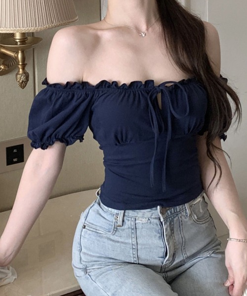GLAMOROUS JANE（グラマラスジェーン）の「リボンギャザーオフショルショート丈トップス（Tシャツ/カットソー・レディース・ネイビー/ブラウン・FREE）」の11枚目の写真