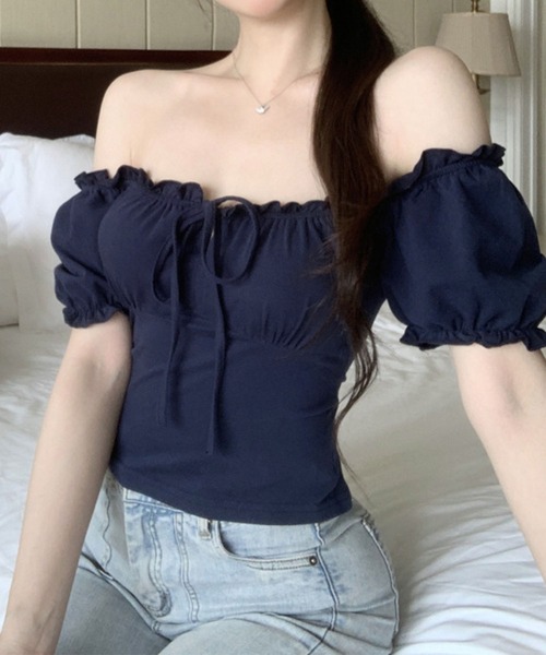 GLAMOROUS JANE（グラマラスジェーン）の「リボンギャザーオフショルショート丈トップス（Tシャツ/カットソー・レディース・ネイビー/ブラウン・FREE）」の7枚目の写真