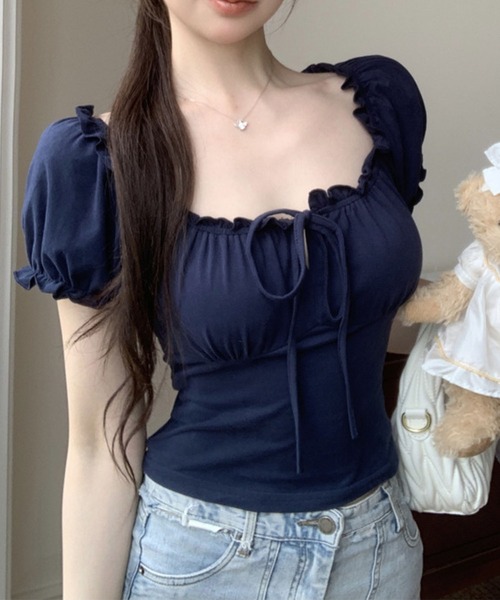 GLAMOROUS JANE（グラマラスジェーン）の「リボンギャザーオフショルショート丈トップス（Tシャツ/カットソー・レディース・ネイビー/ブラウン・FREE）」の4枚目の写真