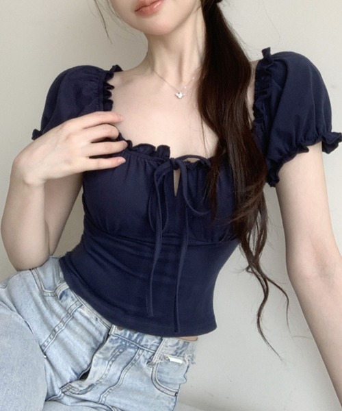 GLAMOROUS JANE（グラマラスジェーン）の「リボンギャザーオフショルショート丈トップス（Tシャツ/カットソー・レディース・ネイビー/ブラウン・FREE）」の3枚目の写真