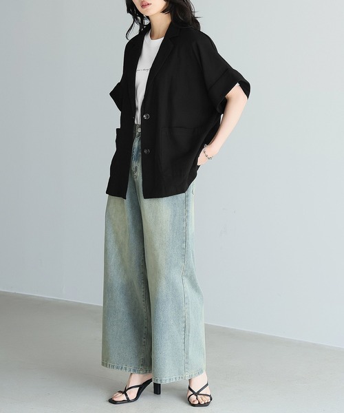 itto...（イット）の「半袖ジャケット＆イージーパンツセットアップ スーツ 2点セット（セットアップ・レディース・ライトベージュ/ブラック/ストライプ・M）」の10枚目の写真