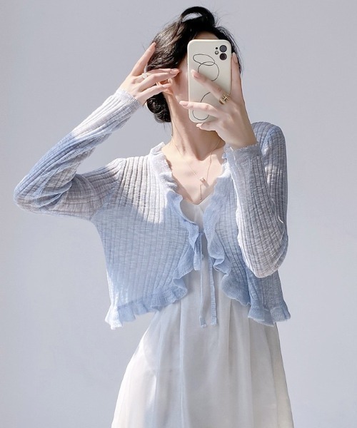 yuue' ( wear )（ユーイ）の「フリルシアーボレロカーディガン/冷房対策（カーディガン/ボレロ・レディース・ホワイト/クリーム/グリーン/ブラック/ブルー・FREE）」の6枚目の写真