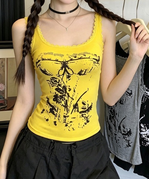 Miniministore(ミニミニストア)の「Y2Kタンクトップカップ付きキャミソール(タンクトップ・レディース・ホワイト/ブラック/グレー/イエロー・FREE)」の2枚目の写真