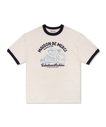 FABULOUS ARCHIVE（ファビュラスアーカイブ）の「ユニセックス オーバーサイズ パピーサーフィン リンガー 半袖Tシャツ クリームネイビー(FCE2TS401M)（Tシャツ/カットソー）」