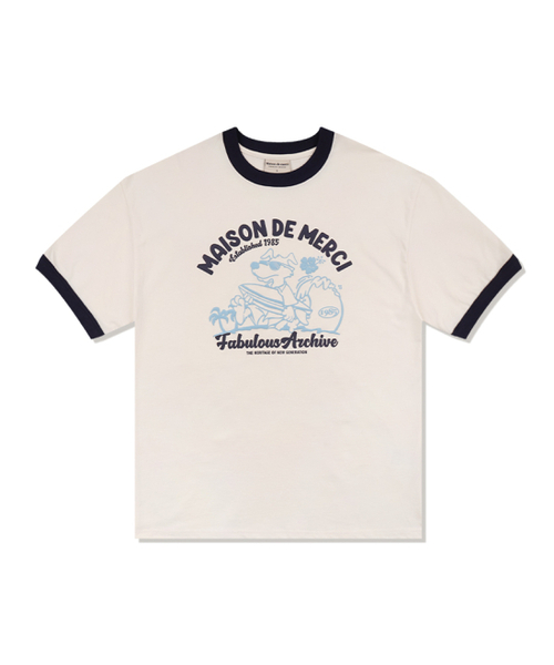FABULOUS ARCHIVE(ファビュラスアーカイブ)の「ユニセックス オーバーサイズ パピーサーフィン リンガー 半袖Tシャツ クリームネイビー(FCE2TS401M)(Tシャツ/カットソー・レディース・クリーム・LARGE/MEDIUM/SMALL)」の1枚目の写真