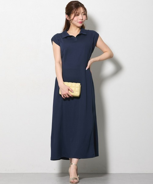 Nissen glamor(ニッセングラマー)の「【大きい胸専用】吸汗速乾・UVカット フレンチスリーブスキッパー衿ポロワンピース(ロング丈)(ワンピース・レディース・ラベンダー/ネイビー・LL/L/M)」の1枚目の写真
