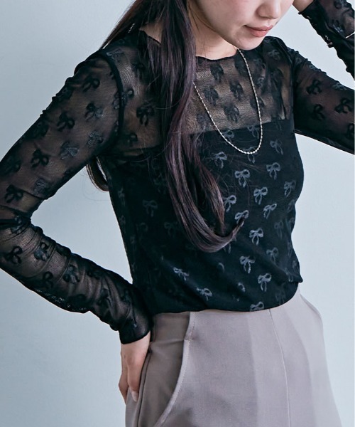 kirakiraShop(キラキラショップ)の「リボン柄 シアー トップス(Tシャツ/カットソー・レディース・ホワイト/ブラック・FREE)」の9枚目の写真