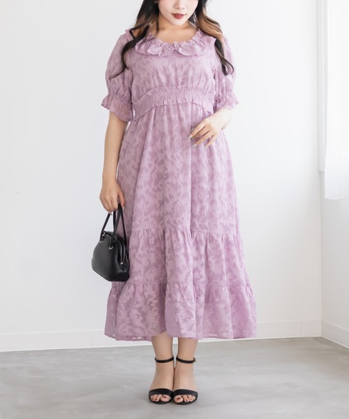 CLETTE(クレット)の「フラワージャガードシャーリングワンピース(ワンピース・レディース・ネイビー/ブラック/ラベンダー・LL/3L/4L)」の2枚目の写真