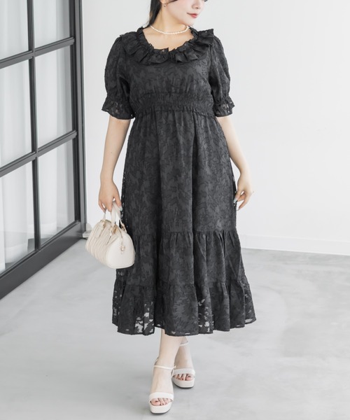 CLETTE(クレット)の「フラワージャガードシャーリングワンピース(ワンピース・レディース・ネイビー/ブラック/ラベンダー・LL/3L/4L)」の1枚目の写真