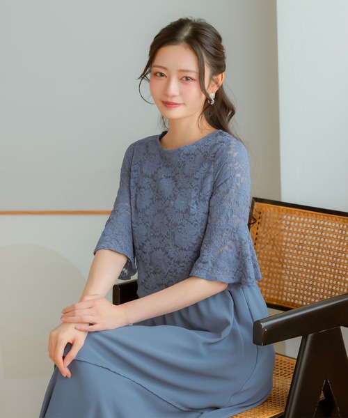 Retica（レティカ）の「パーティードレス 結婚式 ゆったり 五分袖 大きいサイズ ベルスリーブ レース Aライン レイヤード 大人 20代 30代 40代 ロング丈 マキシ丈 フォーマル ワンピース お呼ばれ 卒業式 入学式 二次会 披露宴 発表会（ドレス・レディース・ブラック/ブルー/ピンク・XX-LARGE/X-LARGE/LARGE/MEDIUM/SMALL）」の2枚目の写真