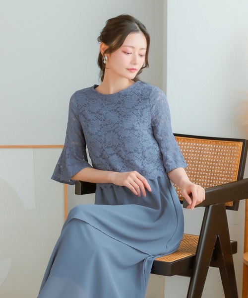 Retica（レティカ）の「パーティードレス 結婚式 ゆったり 五分袖 大きいサイズ ベルスリーブ レース Aライン レイヤード 大人 20代 30代 40代 ロング丈 マキシ丈 フォーマル ワンピース お呼ばれ 卒業式 入学式 二次会 披露宴 発表会（ドレス・レディース・ブラック/ブルー/ピンク・XX-LARGE/X-LARGE/LARGE/MEDIUM/SMALL）」の11枚目の写真