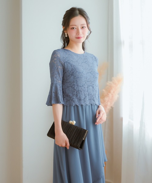 Retica（レティカ）の「パーティードレス 結婚式 ゆったり 五分袖 大きいサイズ ベルスリーブ レース Aライン レイヤード 大人 20代 30代 40代 ロング丈 マキシ丈 フォーマル ワンピース お呼ばれ 卒業式 入学式 二次会 披露宴 発表会（ドレス・レディース・ブラック/ブルー/ピンク・XX-LARGE/X-LARGE/LARGE/MEDIUM/SMALL）」の15枚目の写真