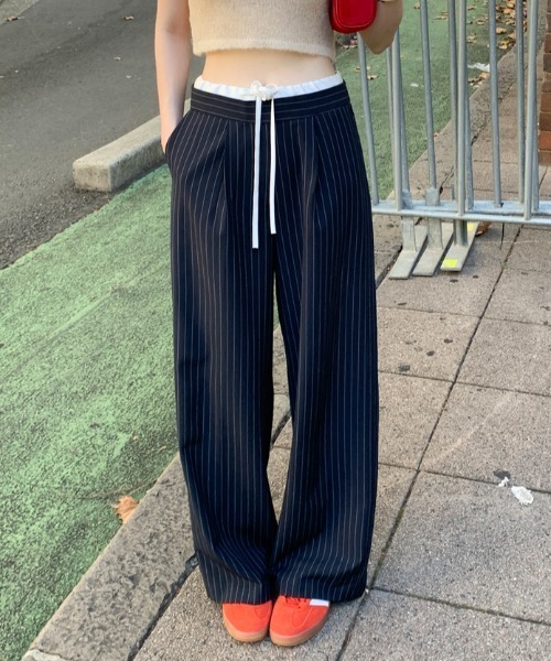 FLINEA(フリネア)の「配色リボンストライプ柄パンツ(その他パンツ・レディース・グレー/ネイビー・FREE)」の2枚目の写真
