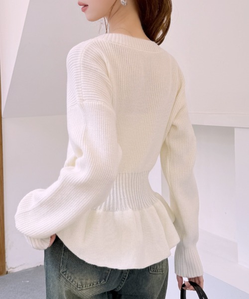 Ada.(エイダ)の「ウエストリブ ペプラム フリル Vネック リブ切替 ショート丈 ニット(ニット/セーター・レディース・グレー/ブラック/ブラウン/ホワイト・FREE)」の8枚目の写真