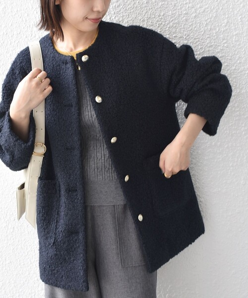 SHIPS Colors(シップス カラーズ)の「〈手洗い可能〉ループジャジー ボタン ノーカラー コート◆(ノーカラーコート・レディース・ネイビー/グレー/ブラウン・ONE SIZE)」の3枚目の写真