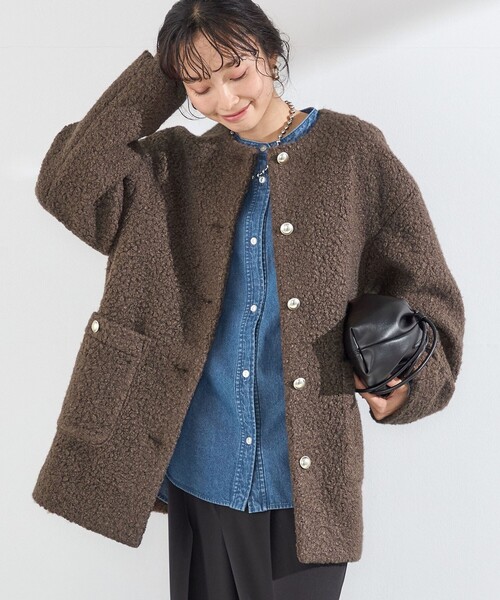SHIPS Colors(シップス カラーズ)の「〈手洗い可能〉ループジャジー ボタン ノーカラー コート◆(ノーカラーコート・レディース・ネイビー/グレー/ブラウン・ONE SIZE)」の2枚目の写真