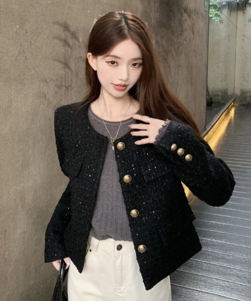 Teem Store（チームストア）の「ツイードノーカラージャケット（ノーカラージャケット・レディース・ブラック/ボルドー・M）」の11枚目の写真