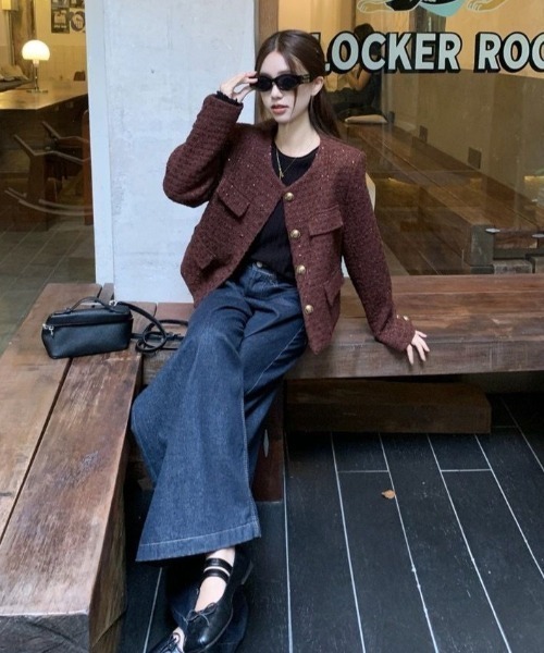Teem Store（チームストア）の「ツイードノーカラージャケット（ノーカラージャケット・レディース・ブラック/ボルドー・M）」の10枚目の写真