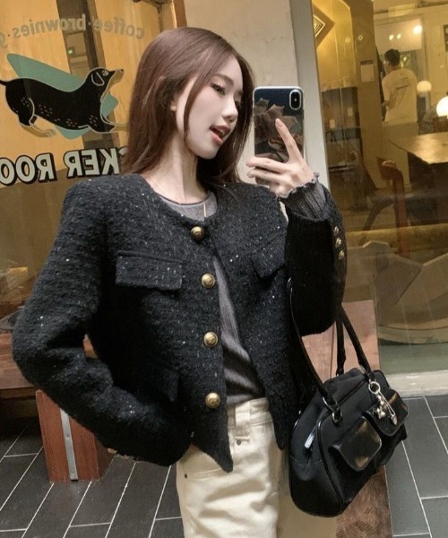 Teem Store（チームストア）の「ツイードノーカラージャケット（ノーカラージャケット・レディース・ブラック/ボルドー・M）」の9枚目の写真