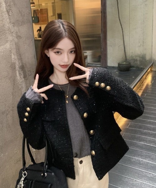 Teem Store（チームストア）の「ツイードノーカラージャケット（ノーカラージャケット・レディース・ブラック/ボルドー・M）」の8枚目の写真